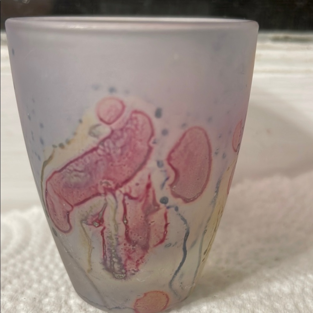 Hebron handcrafted Artistic Glass cup or small vase. Pink and Blue Swirls. NWOT